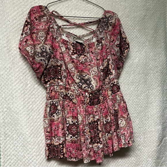 TORRID Crinkle Gauze Cris Cross Back Top Pink & Brown Peplum Cinched Waist Shirt - Picture 4 of 13